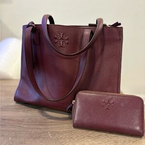 Elegant Tory Burch Burgundy Tote and Wallet Set